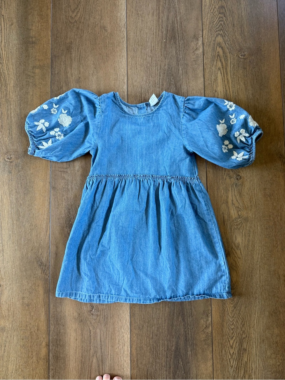 wonder nation Blue Puff-Sleeve Denim Dress with White Floral Embroidery